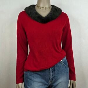 VINT Red Sweater Faux Fur Collar Size Large Old Money Academia Winter Elevated